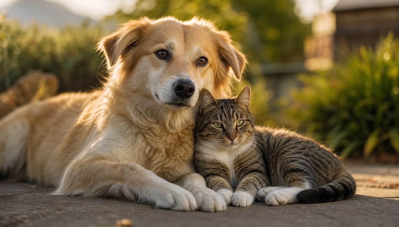 Rescue dog and cat resting together in warm light