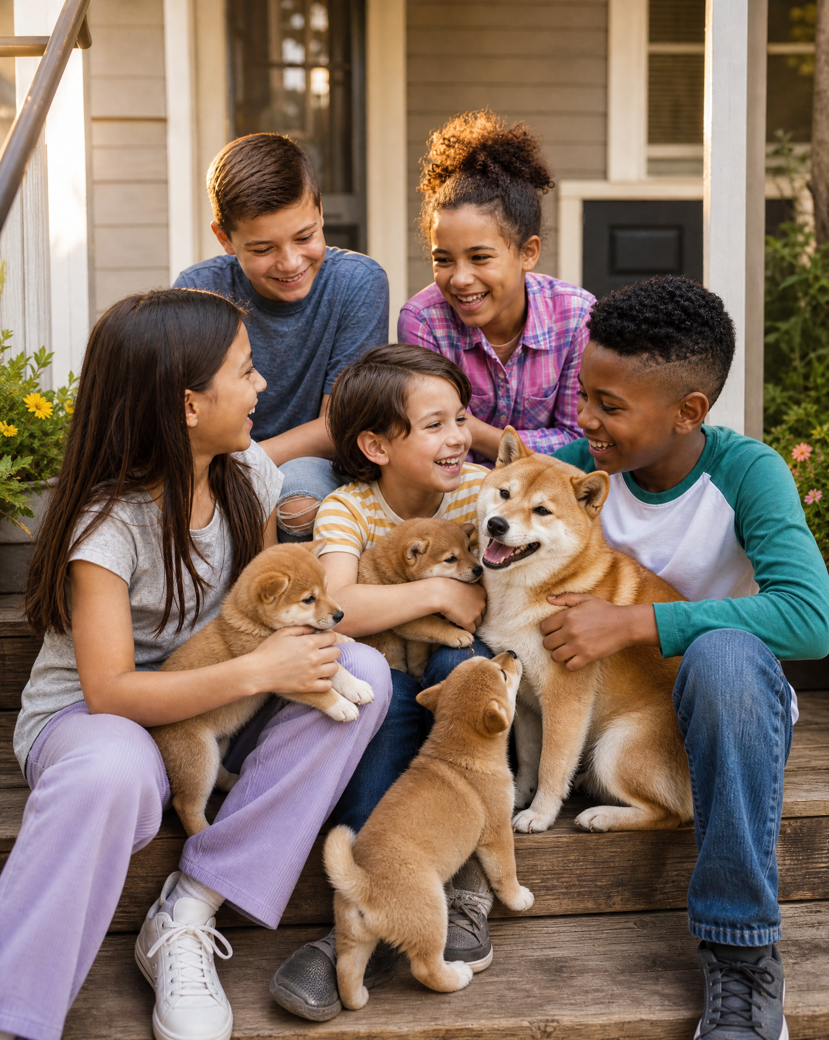 Children smiling together with Shiba Inu puppies on a porch
