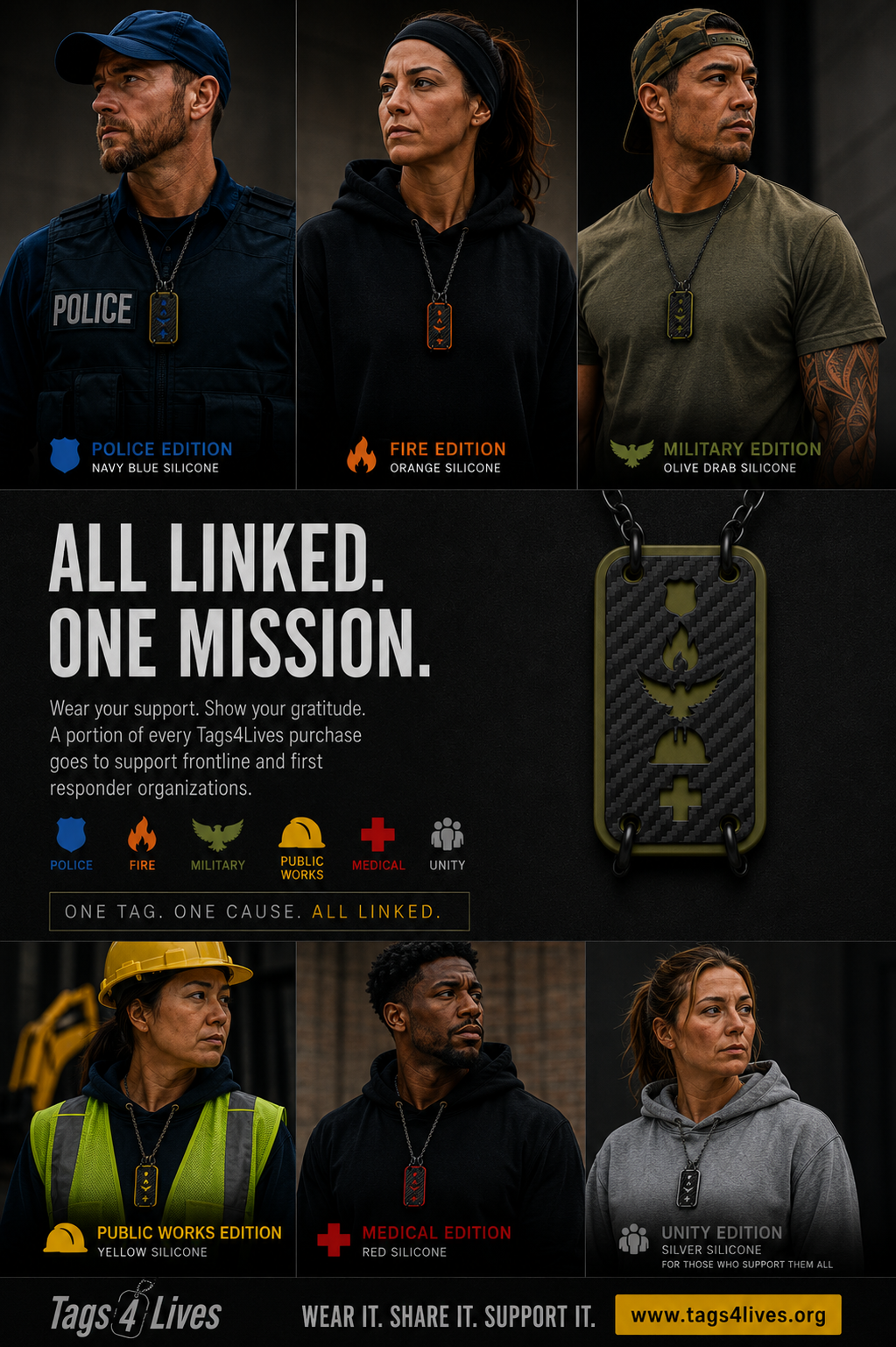 Tags4Lives Frontline dog tag campaign featuring Police, Fire, Military, Public Works, Medical, and Unity editions