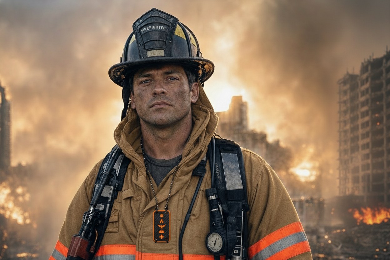 Firefighter wearing a Tags4Lives Frontline dog tag