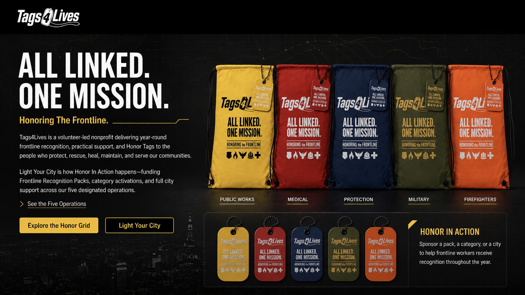 Tags4Lives homepage mission graphic showing five color-coded Frontline Recognition Packs for Public Works, Medical, Protection, Military, and Firefighters; All Linked. One Mission. Honoring The Frontline; and the Honor In Action giving model.