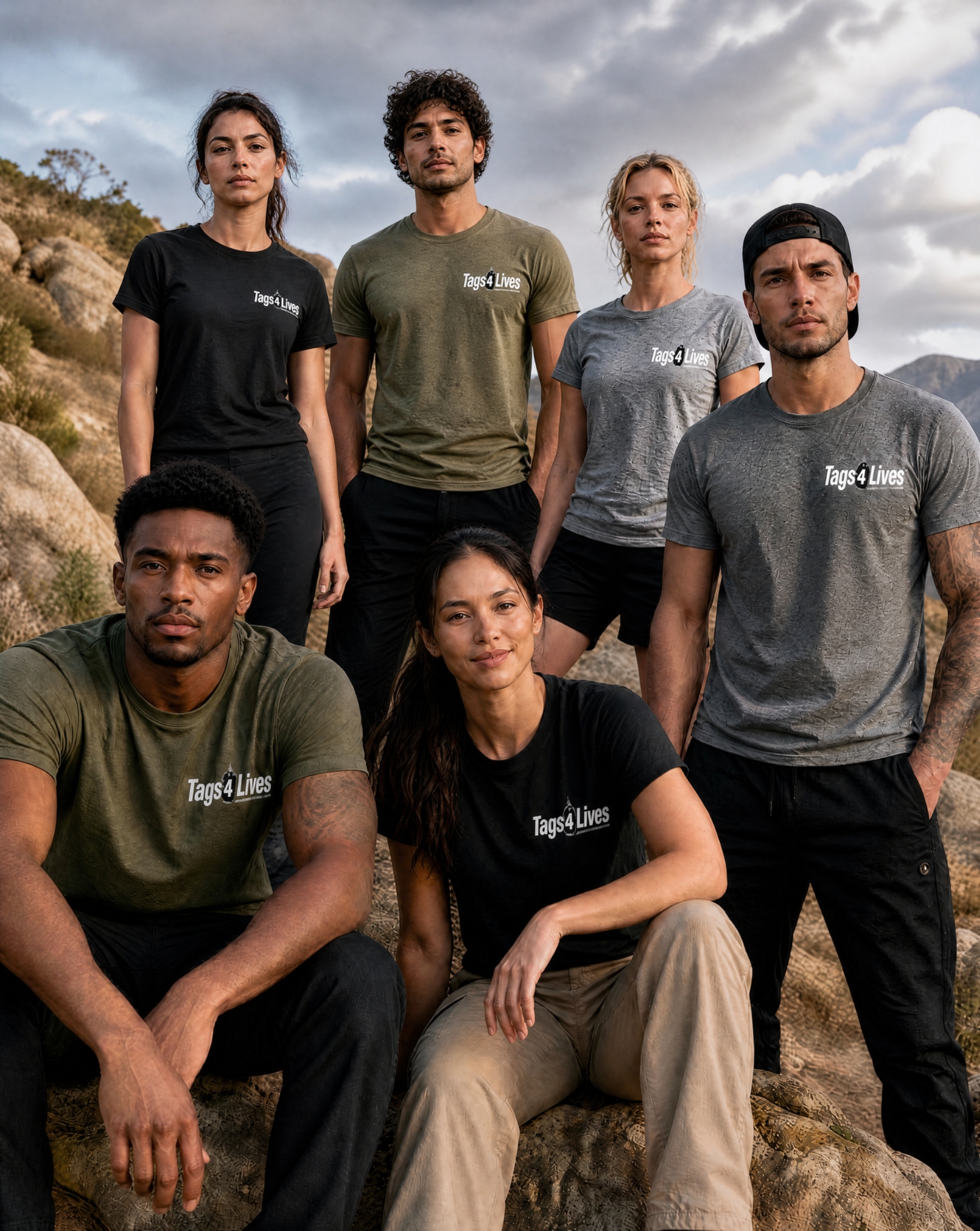 Tags4Lives T-shirt concepts shown in army green, black, navy, and white