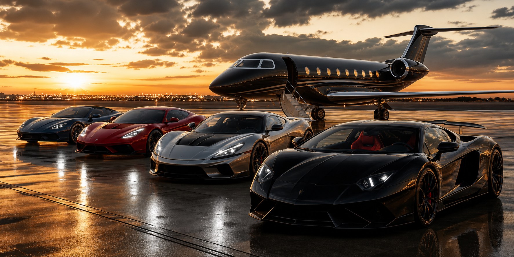 Concept image of sports cars and a private aircraft on a tarmac